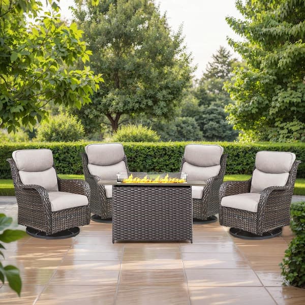 Carolina 5-Piece Brown Wicker Outdoor Fire Pit Table with Swivel Chair Beige Cushions