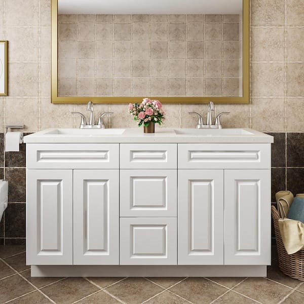 Hausvita 60 in. W x 21 in. D x 34.5 in. H in Traditional White Plywood Ready to Assemble Floor Vanity Sink Base Kitchen Cabinet