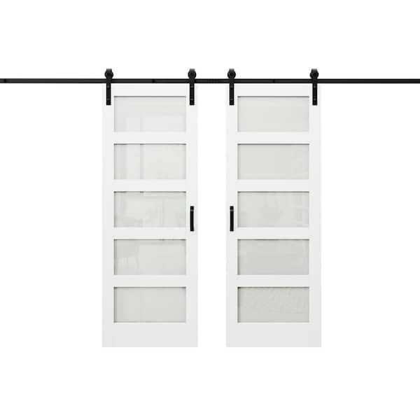 60 in. x 84 in. 5-Lite Frosted Glass White MDF Finished Double Sliding Assembly Required Barn Door Slab with Hardware