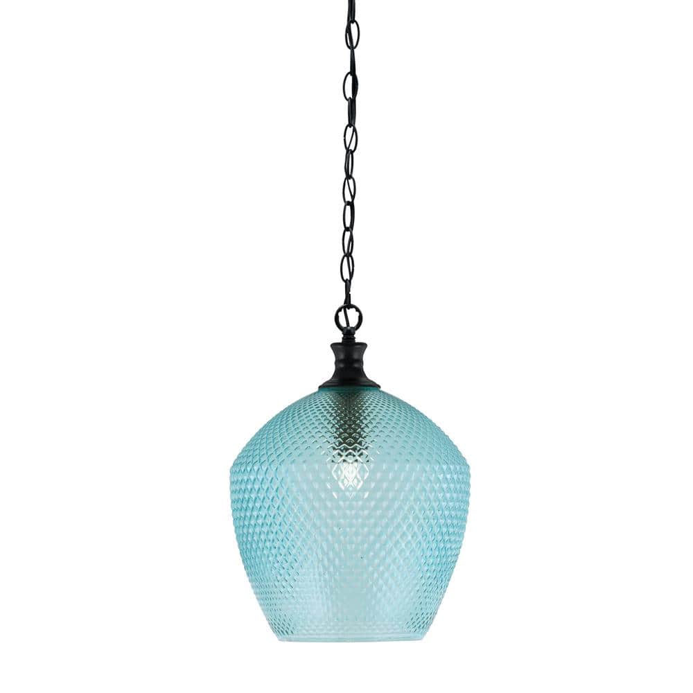 Tyler 60-Watt 1-Light Matte Black Chain Mini Pendant Light with Turquoise T