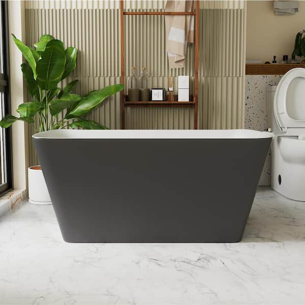 INSTER MUSE 47 in. Gray Acrylic Rectangle Flatbottom Freestanding Non-Whirlpool Soaking Bathtub Include Interior Seat