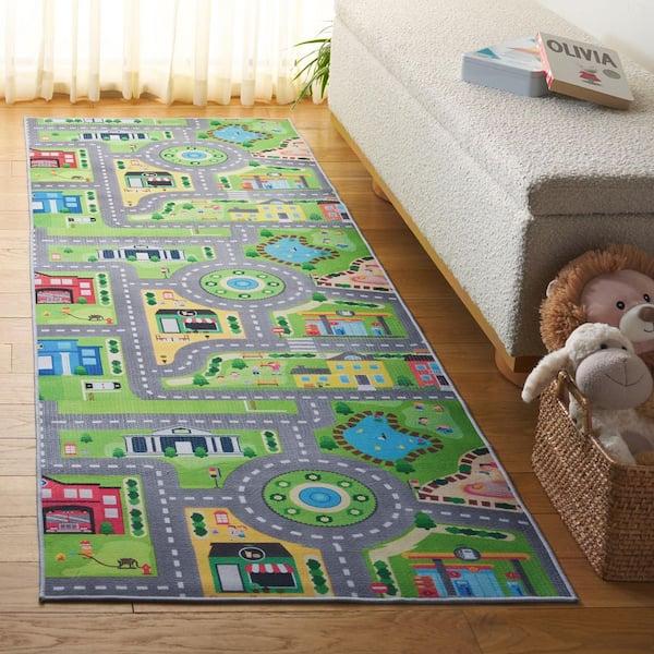 Tacoma Kids 3 ft. x 8 ft. Gray/Green Town Playground Runner Rug