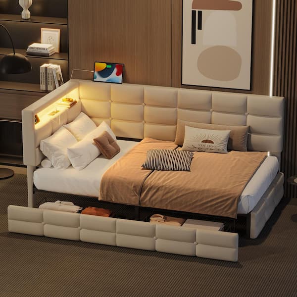 Beige Upholstered Twin Size Daybed with 2 Drawers, Charging Station, LED Lights and Storage Headboard