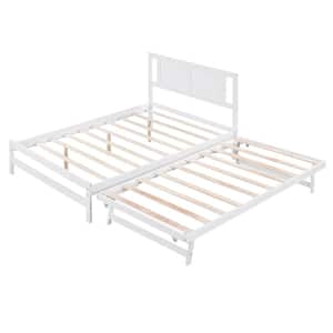 White Wood Frame Full Size Platform Bed with Adjustable Pop-up Trundle Full Bed Frame w/Headboard No Box Spring Needed