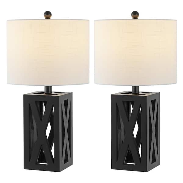 JONATHAN Y Stewart 21.5 in. Black Farmhouse Wood LED Table Lamp Set with Linen Shade and Wood Base (Set of 2)