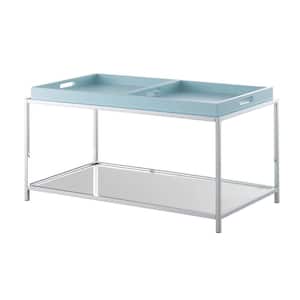 Palm Beach 34.75 in. Sea Foam Blue Rectangular Glass Coffee Table with Shelf and Removable Trays