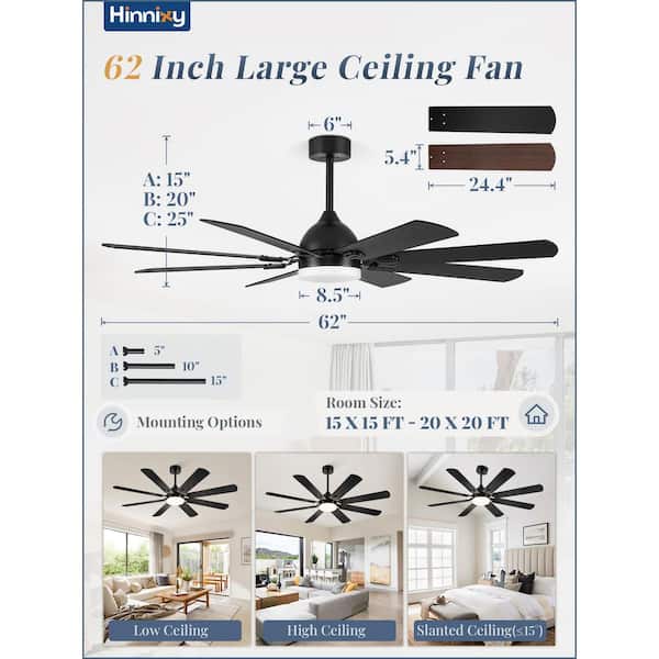 HINNIXY 62 in. Outdoor Indoor Black 3-Colors LED 6-Speeds Ceiling