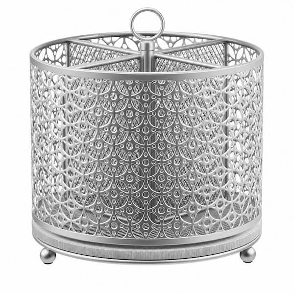 360° Rotating Utensil Holder Caddy with 4-Compartment and Handle for Kitchen Countertop, Party, Office, Picnic, Silver
