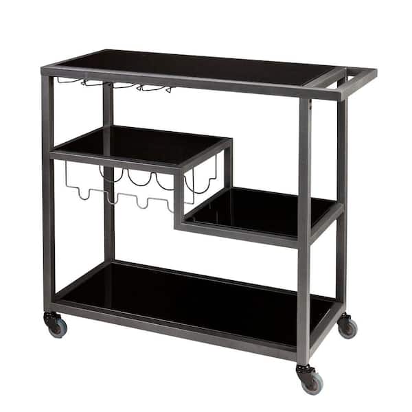 Benzara Contemporary Style Gray and Black Metal Bar Cart with Tempered Glass Shelves