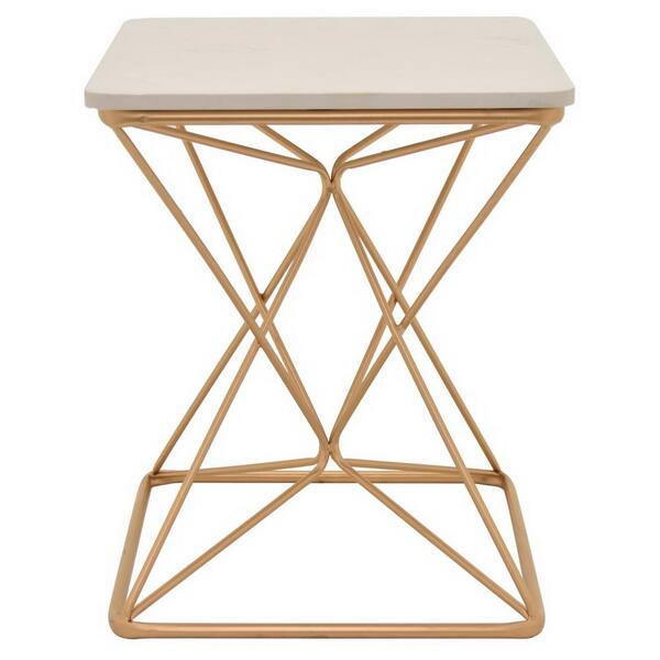 THREE HANDS Metal Side Table W/marble Top in Gold Metal 16in L x 16in W x 19in H