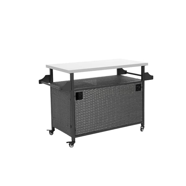 Grey Wicker Large Outdoor Bar Cart Storage Cabinet Kitchen Island with 4 Wheels and Stainless Steel Extended Table Top