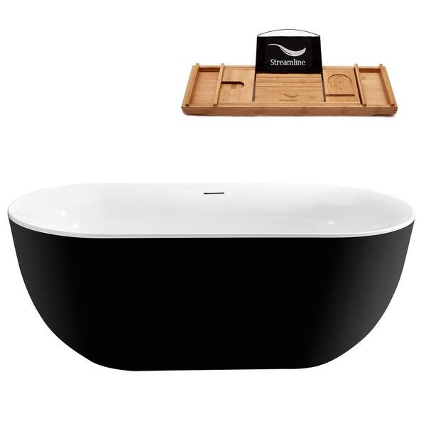 Streamline 59 in. Acrylic Flatbottom Freestanding Bathtub in Glossy Black with Polished Chrome Drain