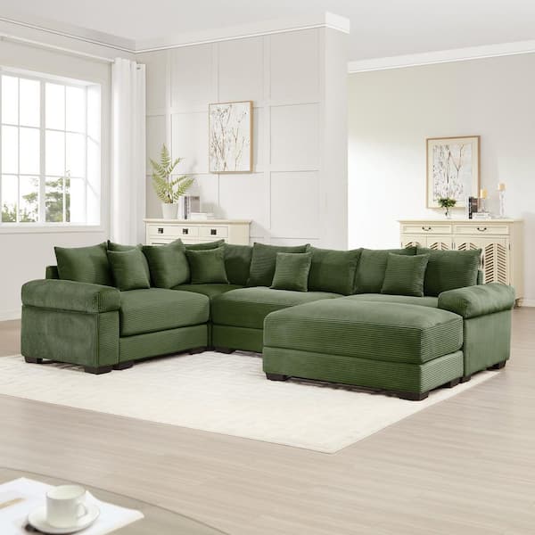 Harley 116.9 in. Cloud Corduroy Upholstery L-Shaped Sectional Sofa in. Green with Ottoman, 13 Throw Pillows
