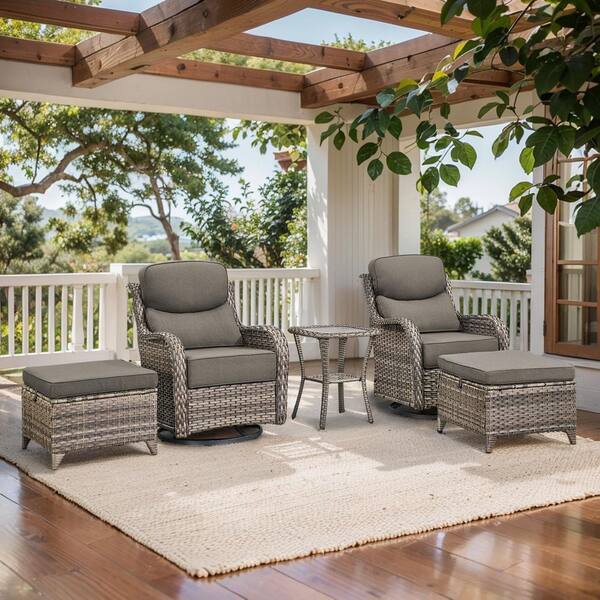 Arcadia Gray 5-Piece Wicker Swivel Rocker Patio Conversation Set with 6 in. Thick Gray Cushions and Ottomans