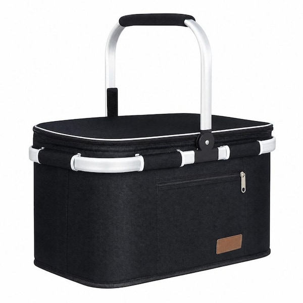 35L Black Insulated Leakproof Foldable Picnic Basket, 2-Tier Pockets and Aluminum Oxford Cloth for Outdoor Camping