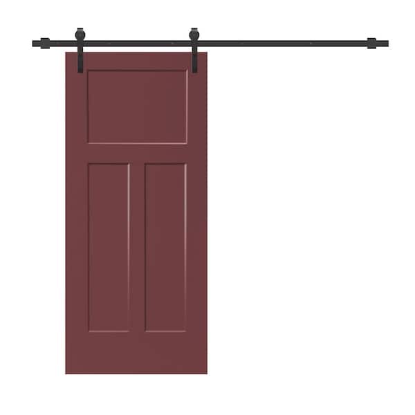 CALHOME 30 in. x 80 in. 3-Panel Maroon Stained Composite MDF Interior Sliding Barn Door with Hardware Kit