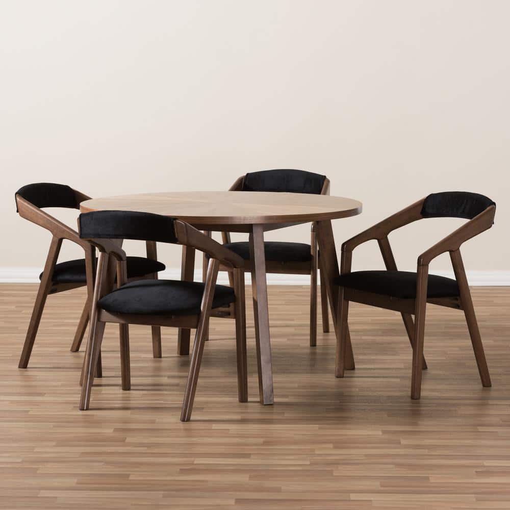 Mid-Century Modern Walnut Dining Set with Black Velvet Upholstery