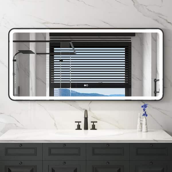 FORCLOVER 60 in. W x 28 in. H Rectangular R-Shaped Corners Aluminum Framed Dimmable LED Wall Bathroom Vanity Mirror in Black