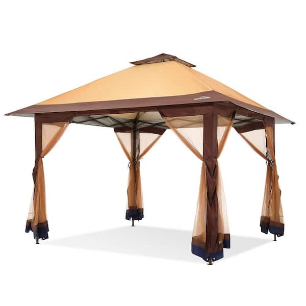 Unbranded 12 ft. x 12 ft. Khaki Pop-Up Patio Gazebo Canopy with Netting Sidewalls
