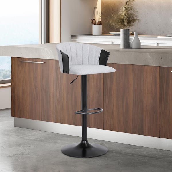 Armen Living Lydia Adjustable 33 in. Black Metal/Wood Bar Stool with Light Grey Fabric Seat