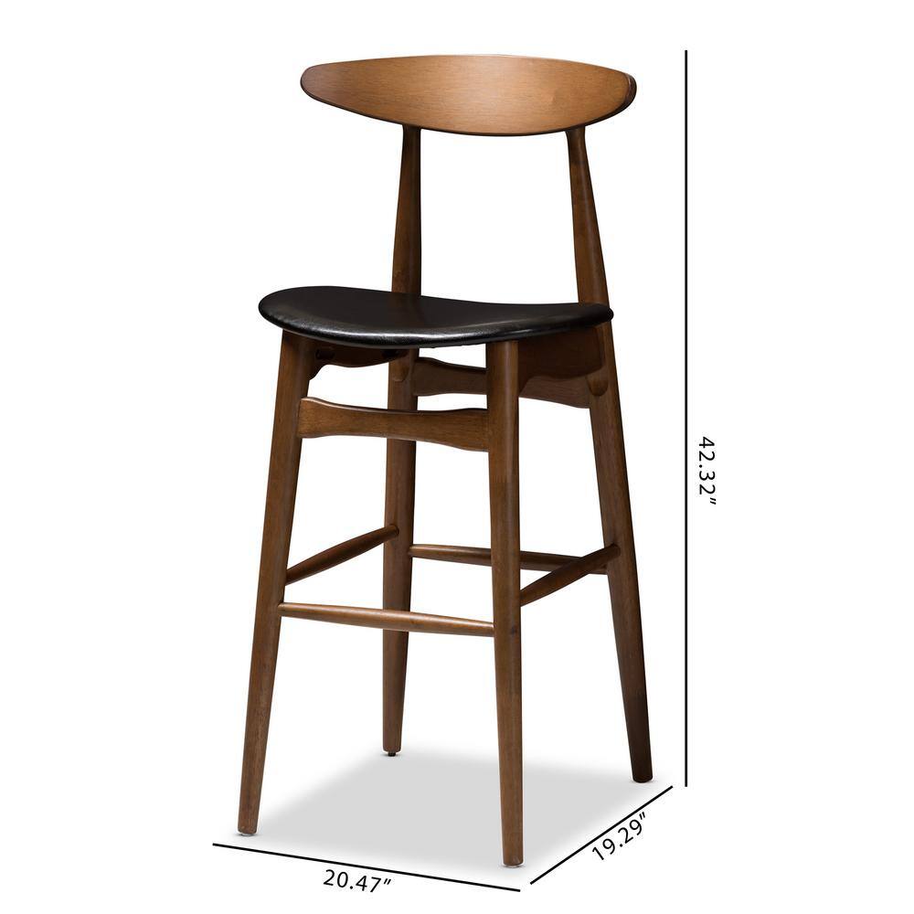 Set of 2 Walnut & Black Leather Mid-Century Barstools