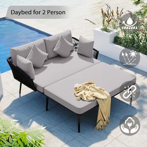 Metal Outdoor Chaise Lounge with Washable Gray Cushions Patio Daybed Woven Nylon Rope Backrest Set for 2-Person