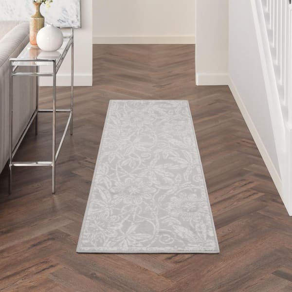 Whimsicle Grey 2 ft. x 6 ft. Floral Contemporary Kitchen Runner Area Rug