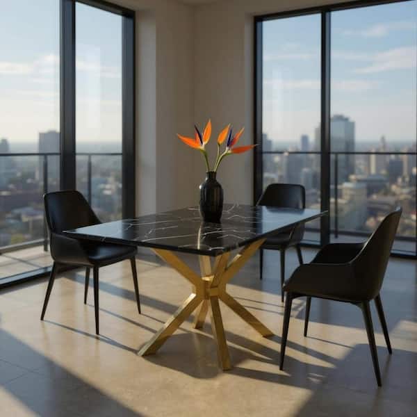 Black Stone 78.70 in. Cross Legs Base Dining Table Seats 8