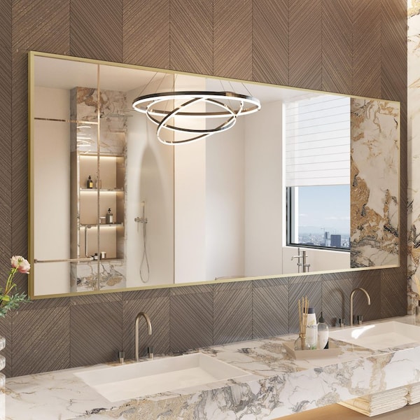 72 in. W x 32 in. H Large Rectangle Aluminum Alloy Framed Wall Mounted Bathroom Vanity Accent Mirror in Brushed Gold
