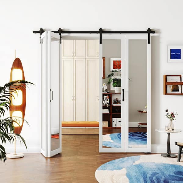 72 in. x 84 in. Double 36 in. Doors Mirrored Glass White MDF Bi-Fold Style Full Lite Sliding Barn Door with Hardware Kit