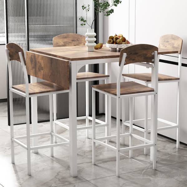 Unbranded 5-Piece Metal Wood Rectangular Counter Height Outdoor Dining Drop Leaf Table Set with 4 Dining Chairs, White and Brown