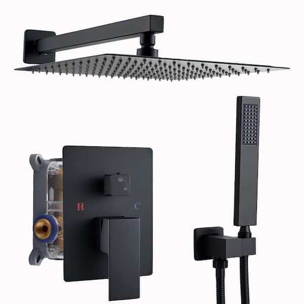 BYH build your home Rain Square Single Handle 1-Spray Shower Faucet 1.8 GPM with High Pressure 12 in. Shower Heads System in Matte Black