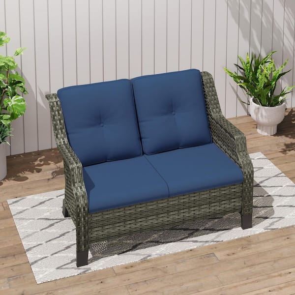 JOYSIDE Brown Wicker Outdoor Loveseat Patio Sofa Deep Seating with Blue Cushions