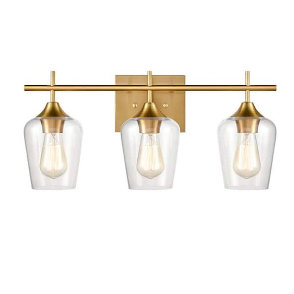 CLAXY 1.8 in. 3-Light Brass Vanity Light with Clear Glass Shade