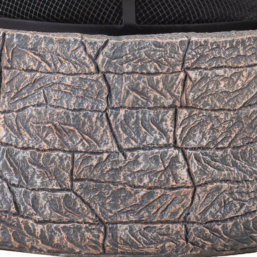 Gray Stone and Steel Wood-Burning Fire Pit with Mesh Screen