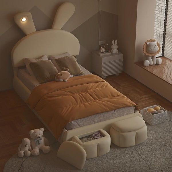 Harper & Bright Designs Beige Wood Frame Twin Velvet Upholstered Platform Bed with Cartoon Ears Shaped Headboard, LED Light, 2 Storage Stools