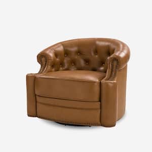 Amalia Camel 31.5 in. W Genuine Leather Swivel Chair with Tufted Back and Nailhead Trim Arm and Base