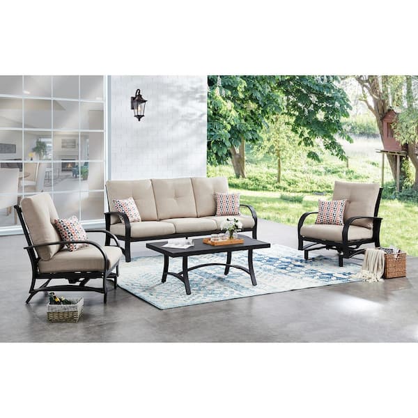 ULAX FURNITURE 4-Piece Aluminum Patio Conversation Set with Beige Sunbrella Cushions, 2 Rocking Chairs, Sofa, Coffee Table