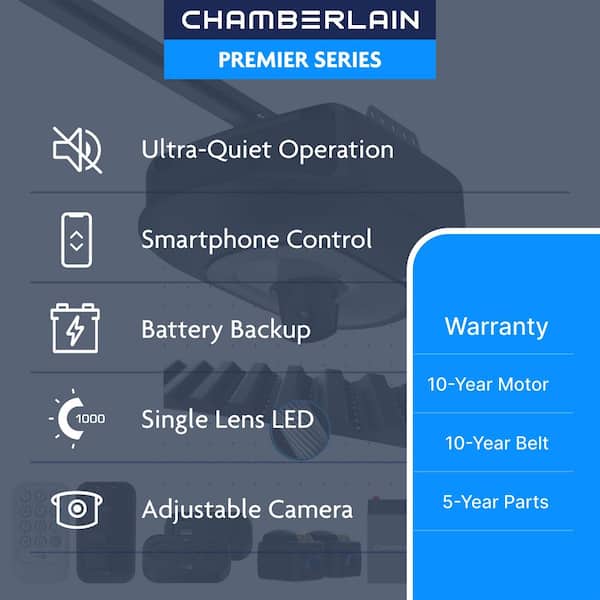 Premier Series 1-1/4 HP Belt Drive Garage Door Opener w/ Battery Backup, Single Lens LED, Camera, and myQ Smart Control