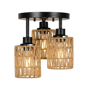 10 in. 3-Light Black Modern Semi-Flush Mount with Hand-woven Natural Rattan Shade and No Bulbs Included