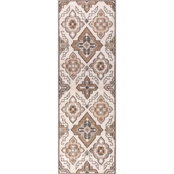 Keily Medallion Spill Proof Washable Ivory 2 ft. x 8 ft. Indoor Area Rug