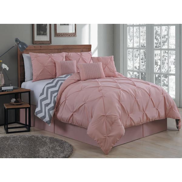 Avondale Manor Ella Pinch Pleat Blush King Reversible Comforter with Bedskirt