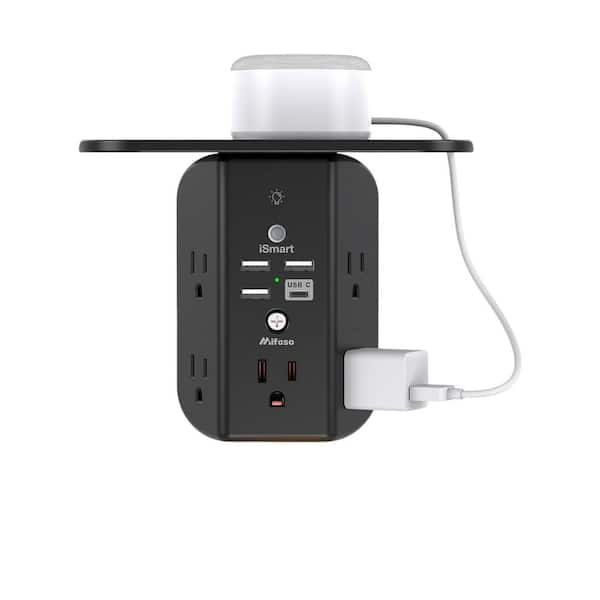 Ahfiwaso 5-Outlet Wall Outlet Extender Surge Protector with 3 USB Ports, Shelf and Night Light in Black