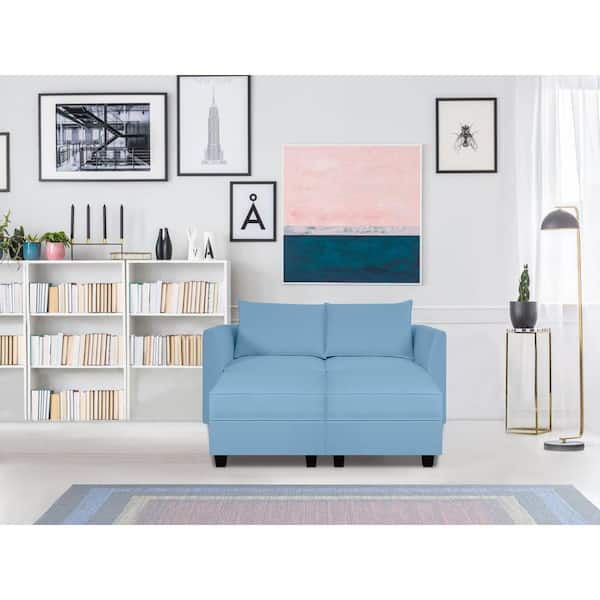 HOMESTOCK 56.1 in. Linen Modern Loveseat with Double Ottoman for Sectional Sofa in Robin Egg Blue