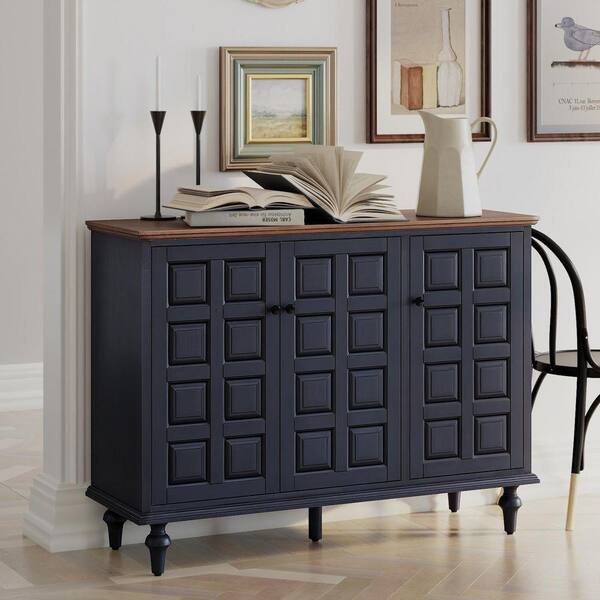 FUIN Retro Black 34.65 in. H Storage Cabinet with Plaid Pattern