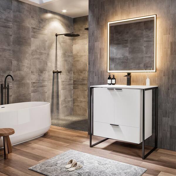 Moma 24 in. W x 18 in. D x 33.4 in. H Bathroom Vanity in White with White Solid Surface Top with White Sink