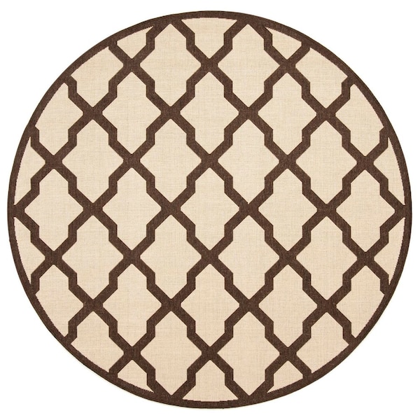 Linden Natural/Brown 7 ft. x 7 ft. Border Geometric Diamonds Indoor/Outdoor Round Area Rug
