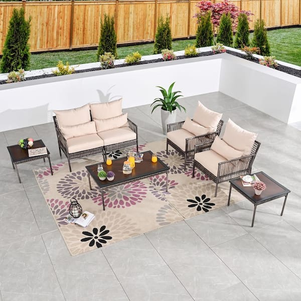 Patio Festival 7-Piece Wicker Outdoor Conversation Set with Beige Cushions