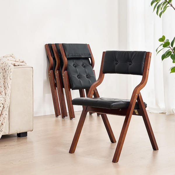 Portable Foldable Wooden Folding Chairs with Leather Cushion for Office, Wedding, Set of 2, Easy Assembly, Black