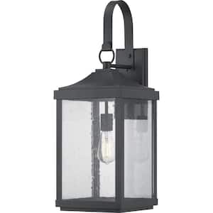 Park Court 26 in. 1-Light Textured Black Traditional Outdoor Wall Lantern with Clear Seeded Glass
